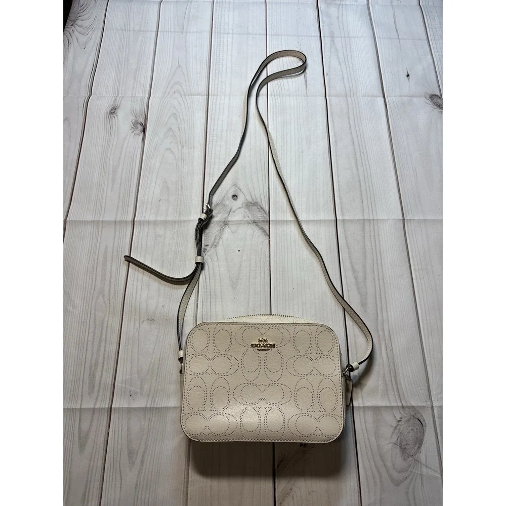 Coach Mini Camera Bag in Signature Perforated Leather White Gold Hardware Wallet